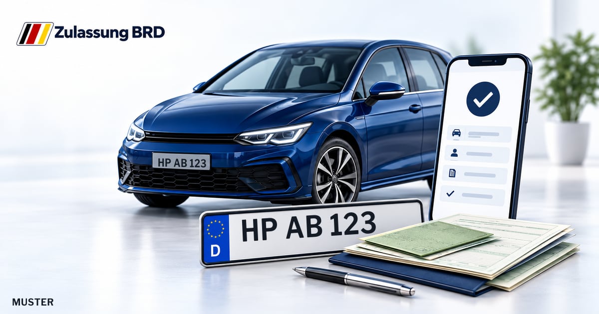 Online Fahrzeugzulassung in Einhausen: Musterkennzeichen HP AB 123, Auto und Fahrzeugpapiere und Smartphone. Illustration mit Logo von Zulassung BRD.